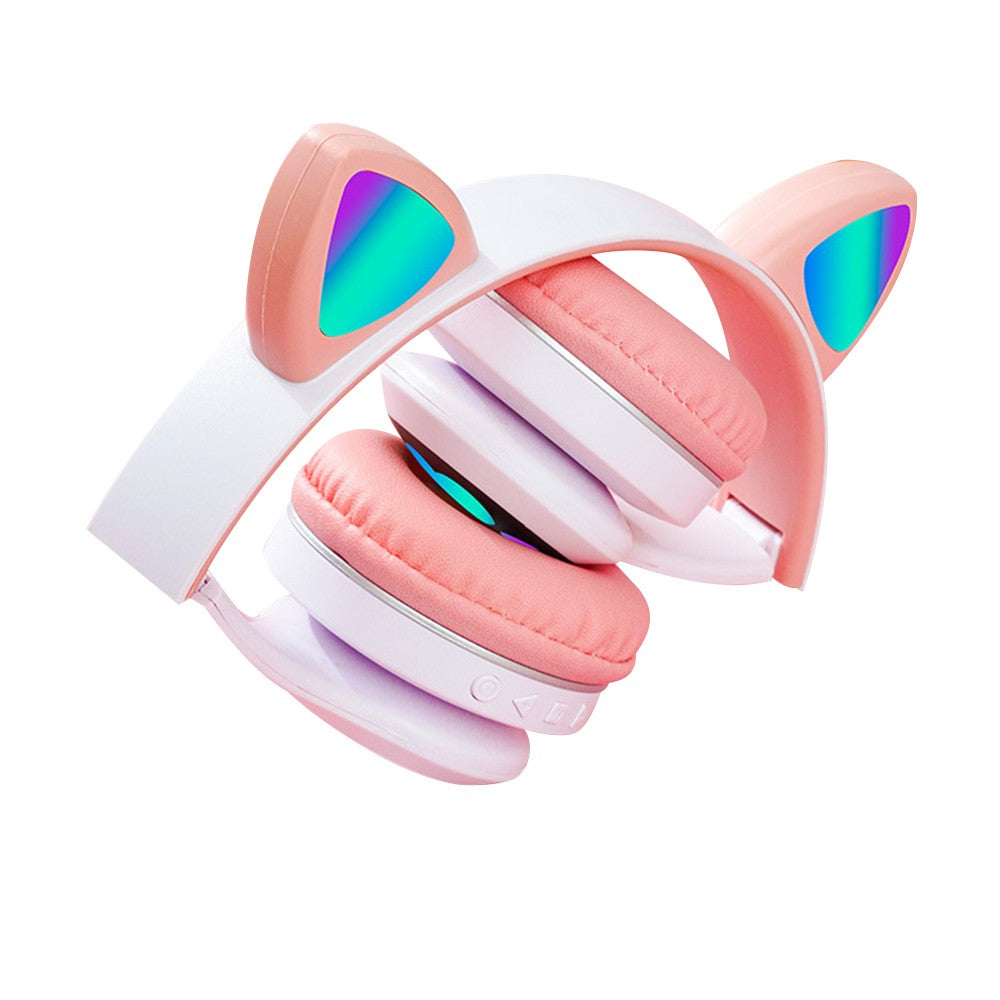 Bluetooth 5.0 Wireless Headphones Cute Cat Ears Shaped Headset with LED Light Pink