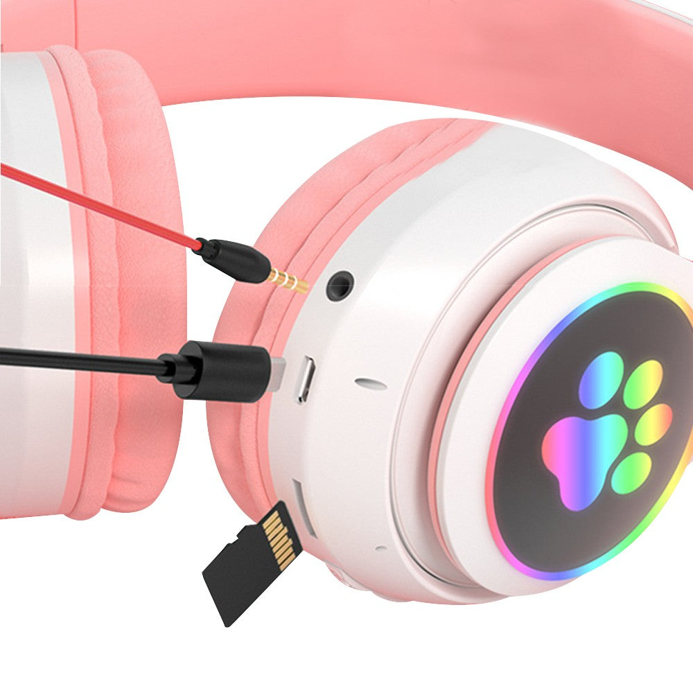 Bluetooth 5.0 Wireless Headphones Cute Cat Ears Shaped Headset with LED Light Pink