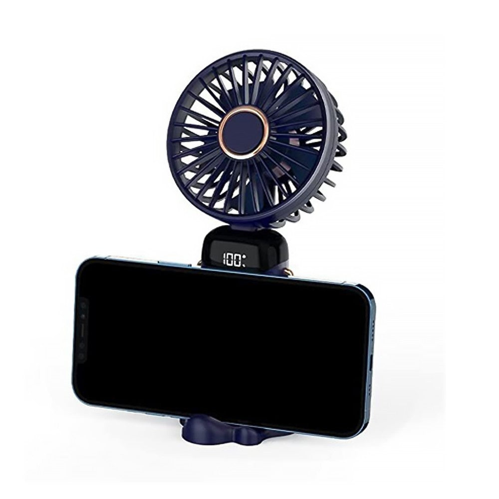 USB Handheld Mini Folding Digital Display Fan with Lanyard and Base - Blue