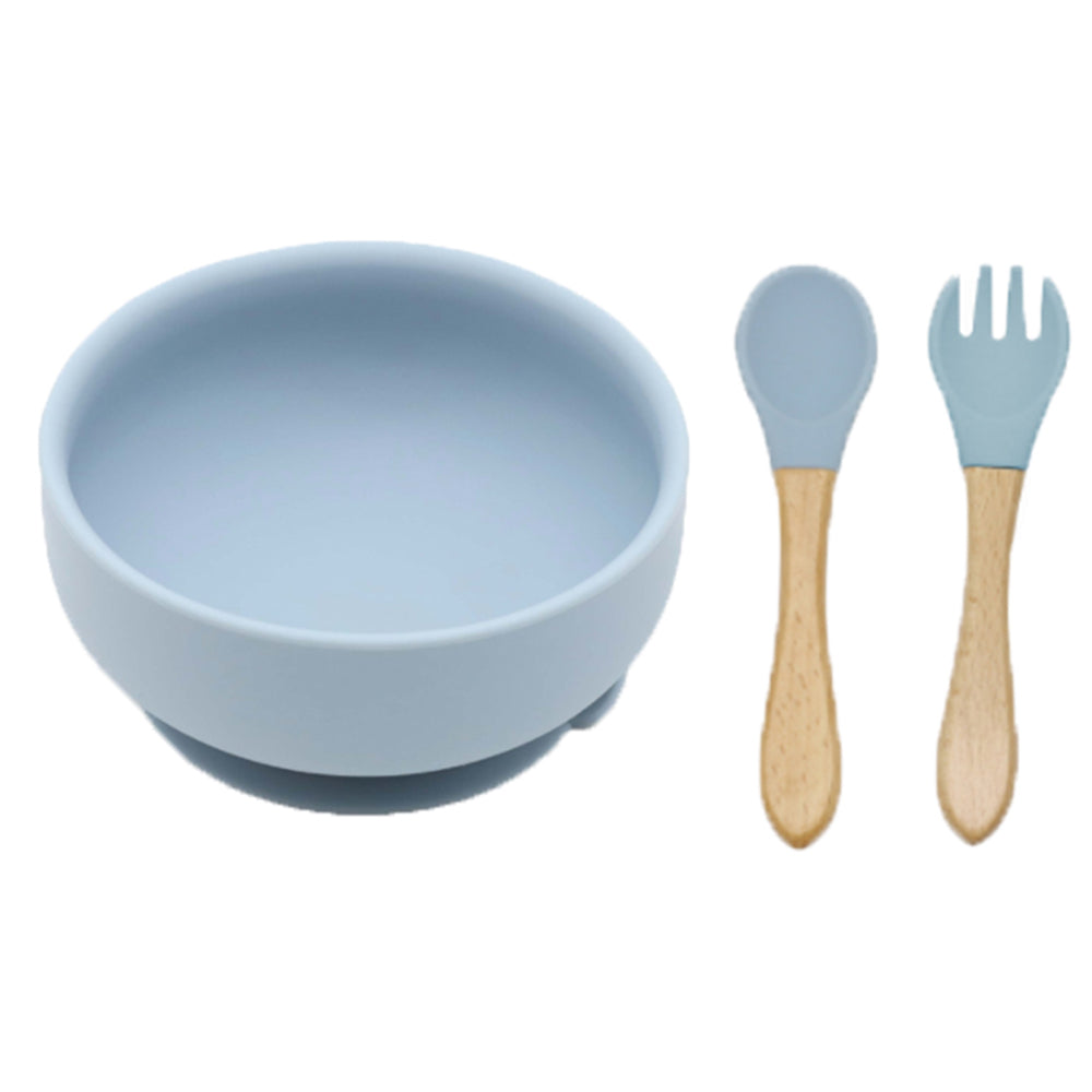 Silicone Suction Bowl with Spoon Fork Blue