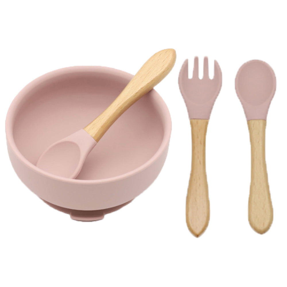 Silicone Suction Bowl with Spoon Fork Pink