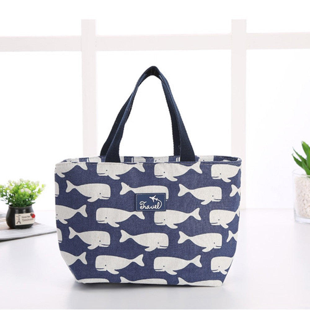 Cotton Linen Insulated Lunch Bag Lunch Box Lunch Container Navy Blue