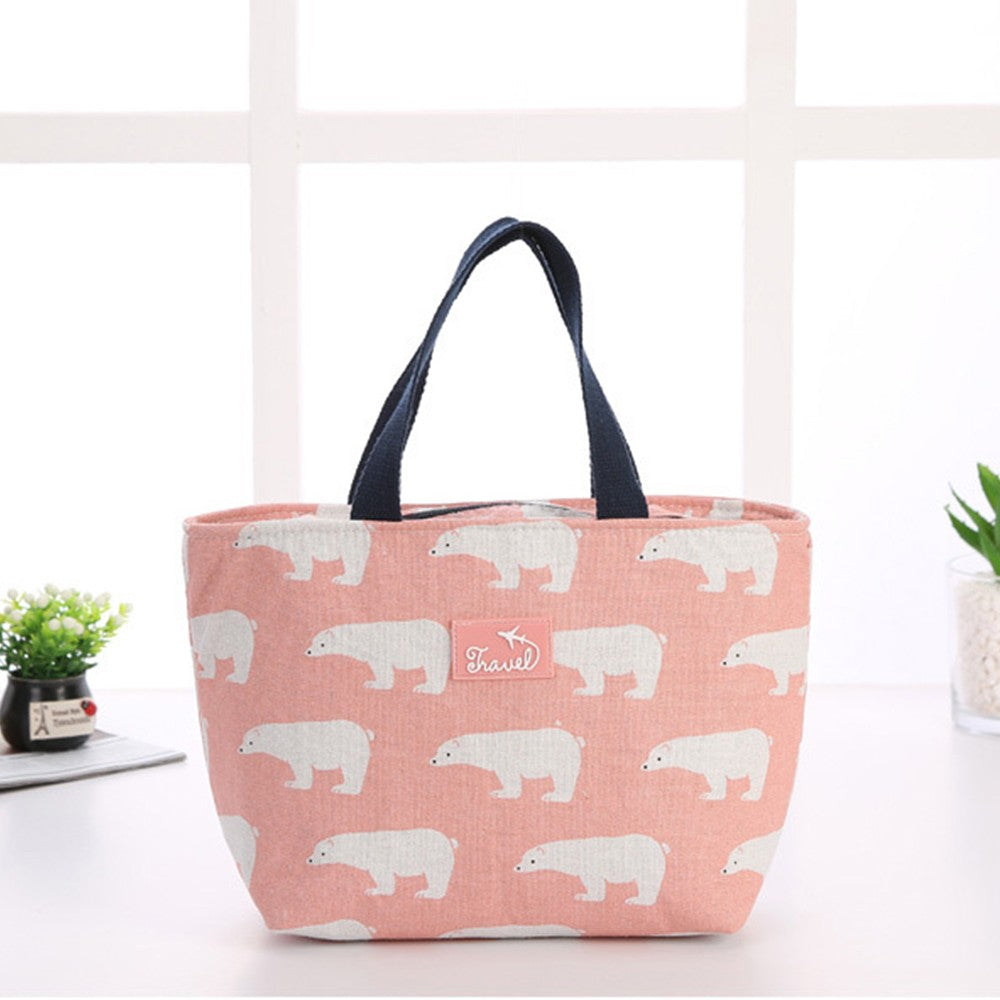 Cotton Linen Insulated Lunch Bag Lunch Box Lunch Container Pink