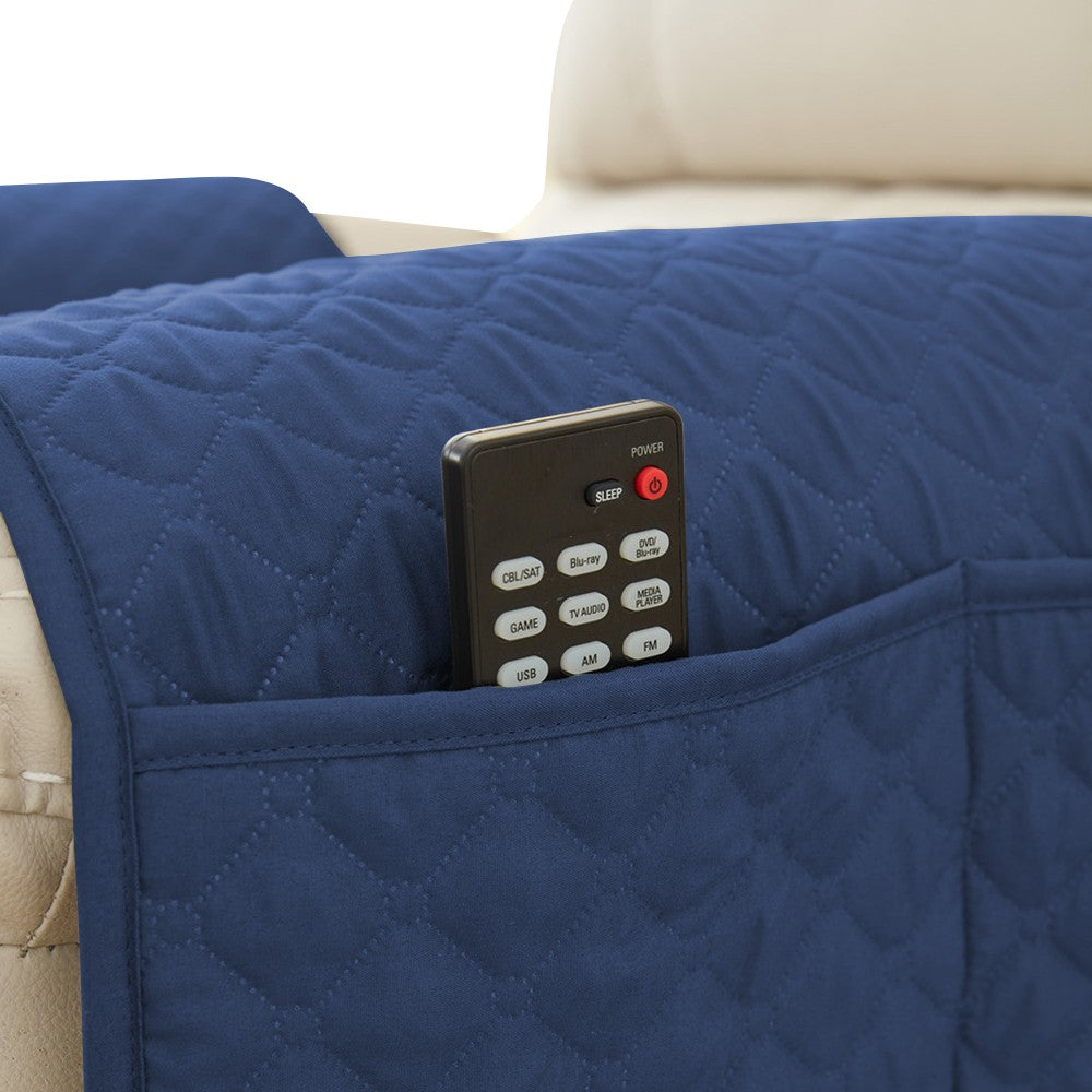 Set of 3Pcs Recliner Covers Headrest Armrest Pad Cover with Storage Pocket Blue