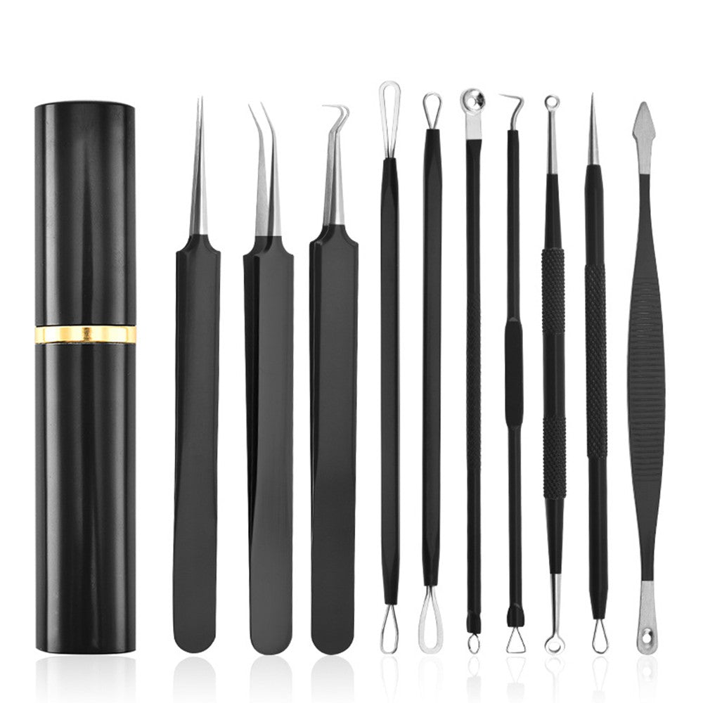 Set of 10Pcs Blackheads Remover Comedone Extractor Pimple Popper Tool Kit Black