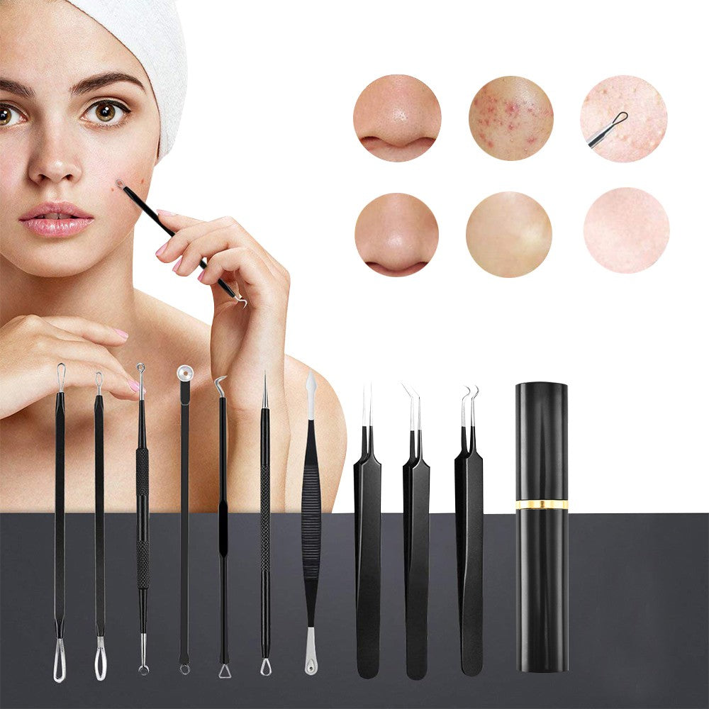 Set of 10Pcs Blackheads Remover Comedone Extractor Pimple Popper Tool Kit Black