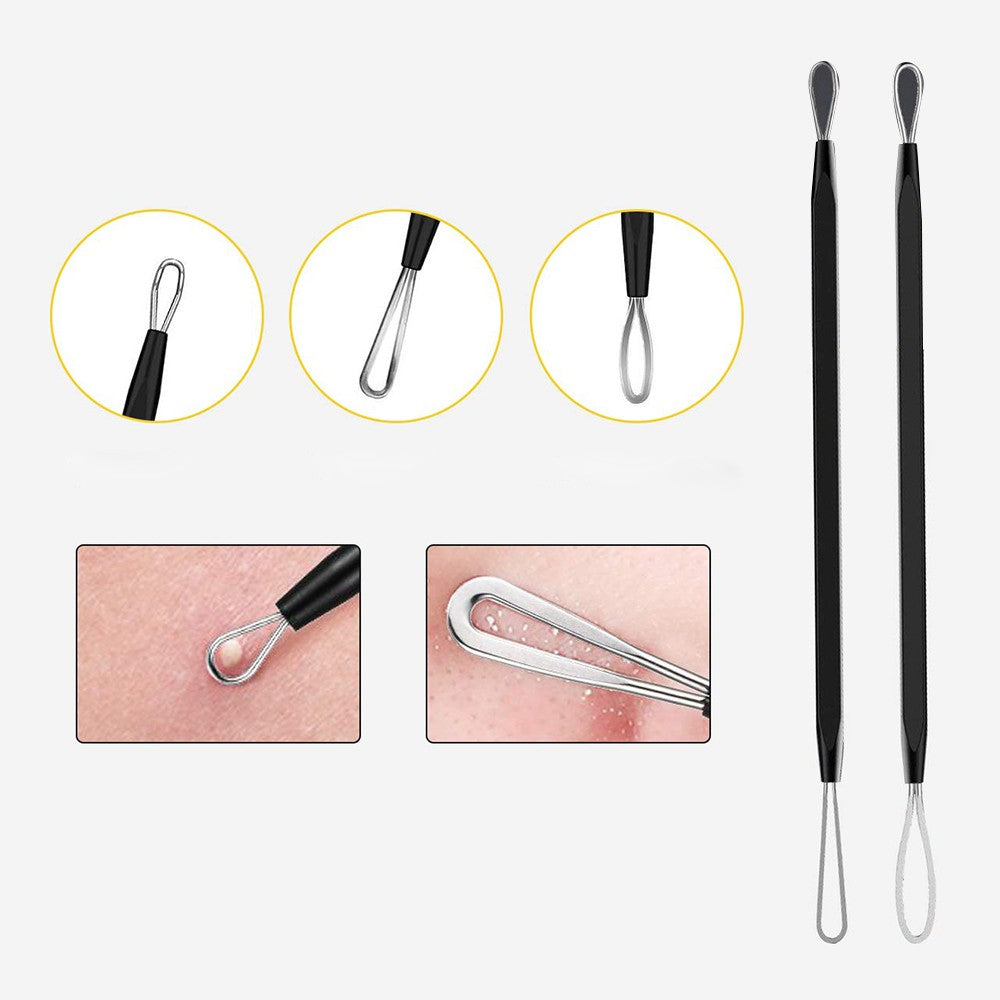 Set of 10Pcs Blackheads Remover Comedone Extractor Pimple Popper Tool Kit Black