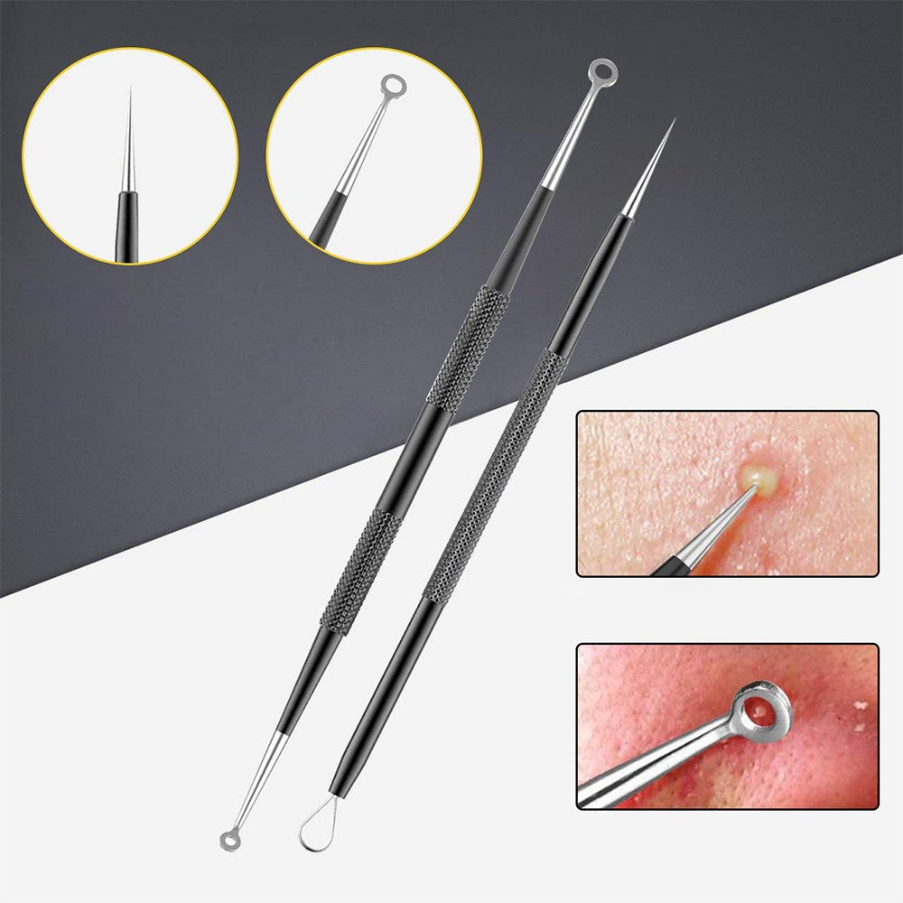 Set of 10Pcs Blackheads Remover Comedone Extractor Pimple Popper Tool Kit Black