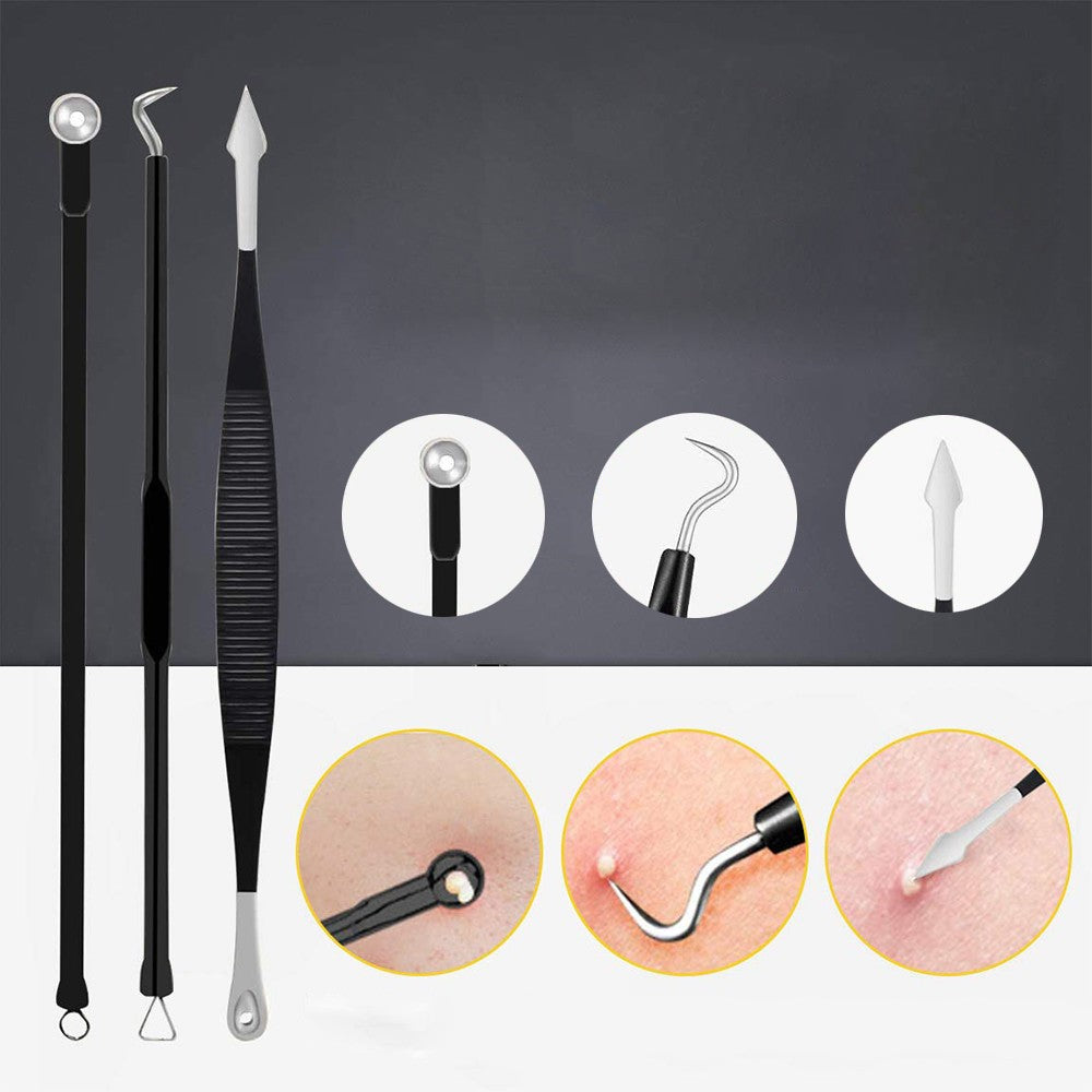 Set of 10Pcs Blackheads Remover Comedone Extractor Pimple Popper Tool Kit Black