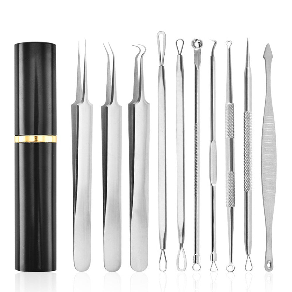 Set of 10Pcs Blackheads Remover Comedone Extractor Pimple Popper Tool Kit Silver
