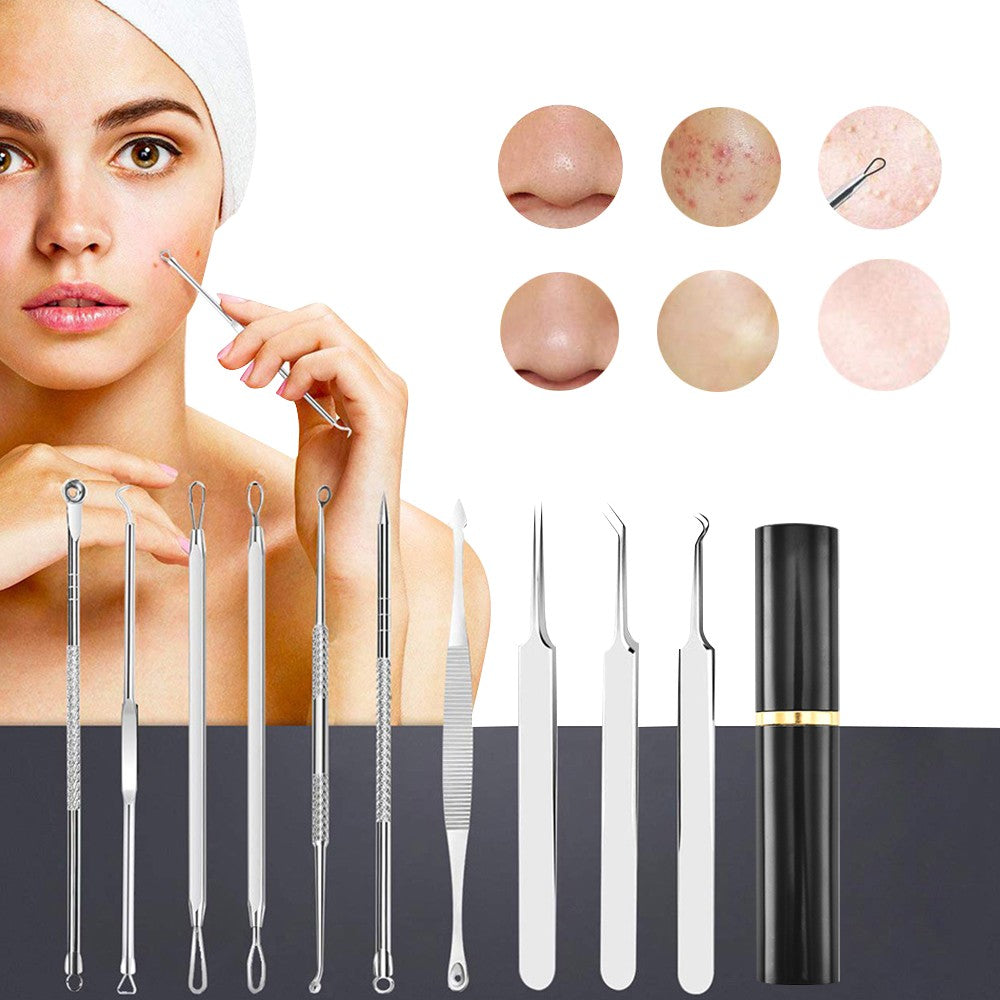 Set of 10Pcs Blackheads Remover Comedone Extractor Pimple Popper Tool Kit Silver