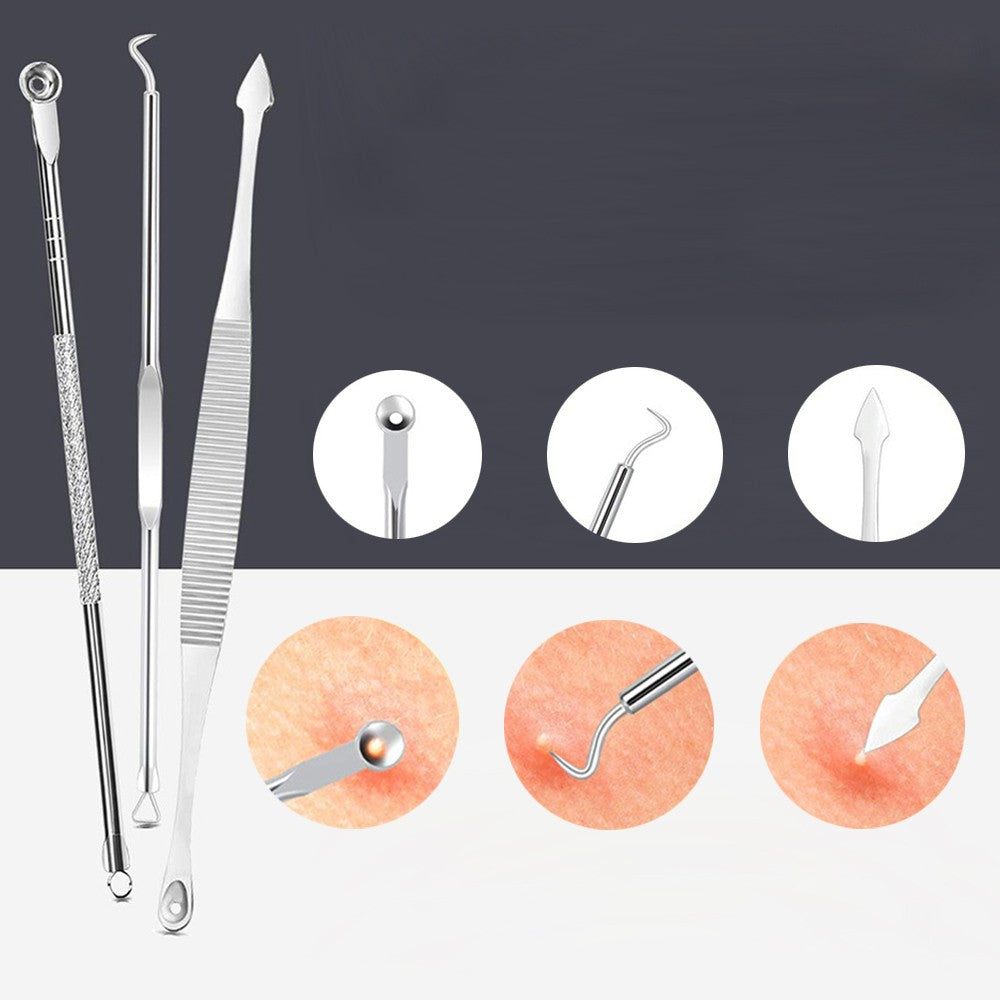 Set of 10Pcs Blackheads Remover Comedone Extractor Pimple Popper Tool Kit Silver