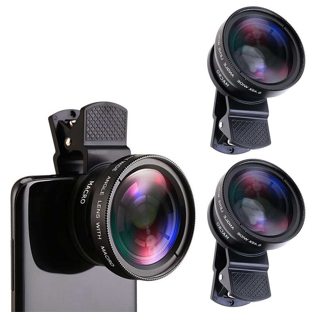 2 X 2 in1 Portable 0.45X 49UV Wide Angle Macro Phone Camera Lens Kit Black