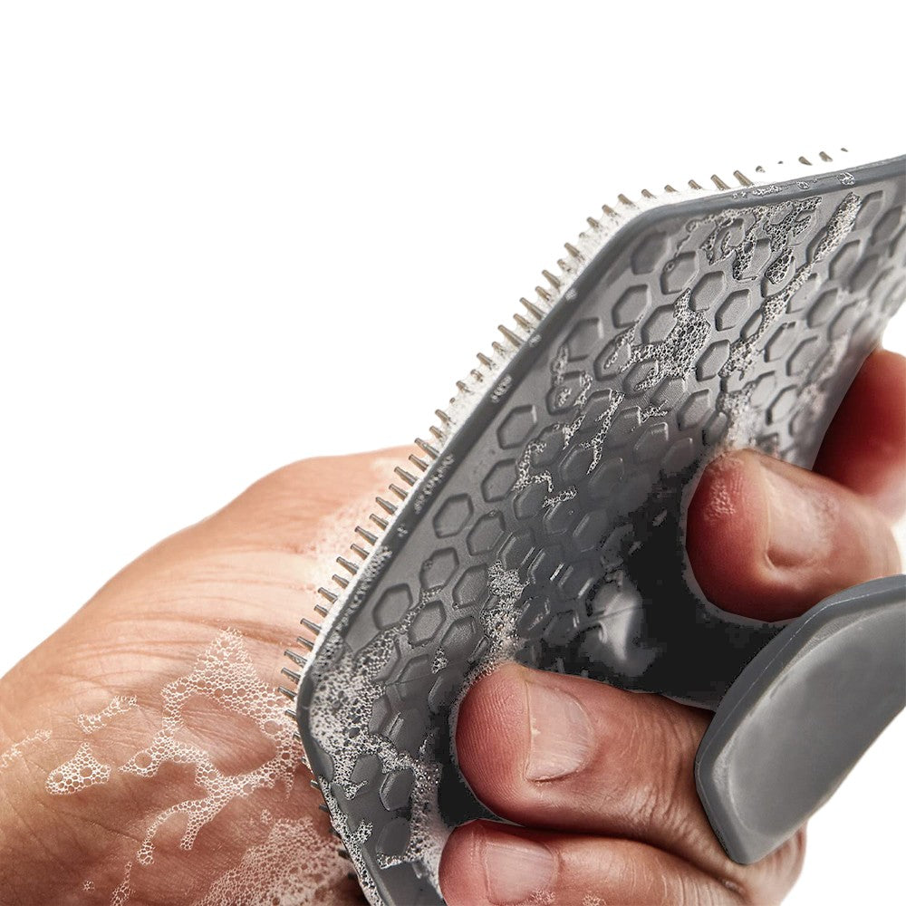 1 X Silicone Bath Brush Exfoliating Body Scrubber Shower Massage Brush Bathroom Accessory with Storage Hook Grey