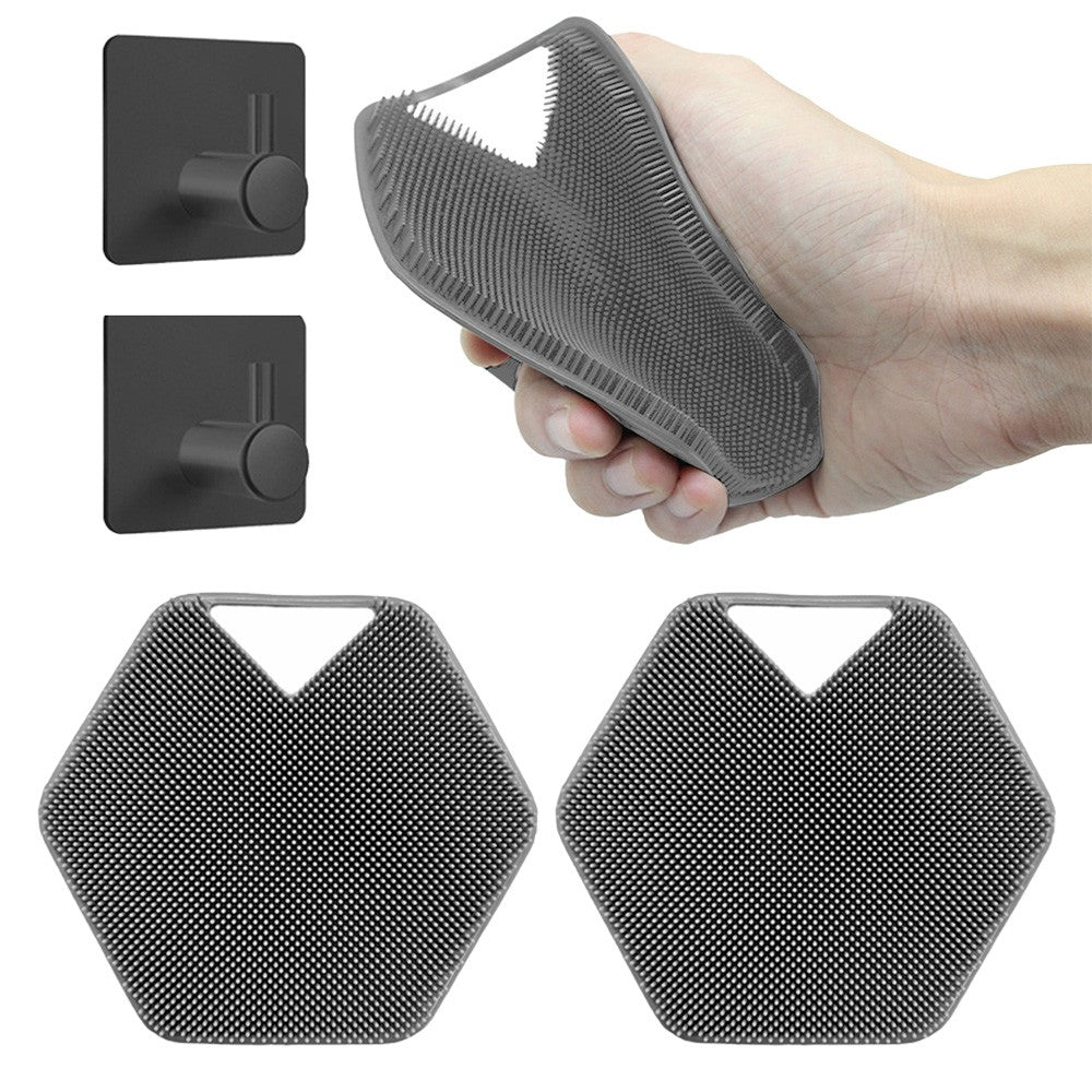 2 X Silicone Bath Brush Exfoliating Body Scrubber Shower Massage Brush Bathroom Accessory with Storage Hook Grey