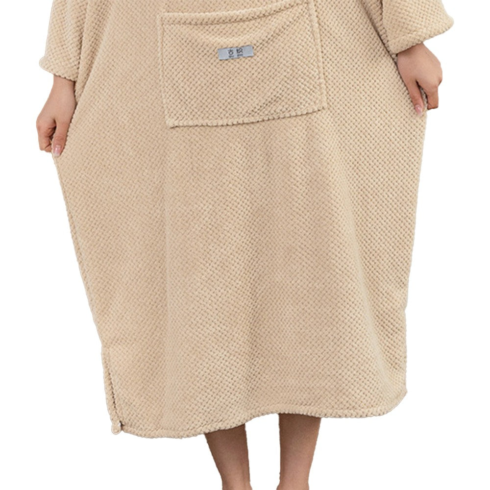 Wearable Bath Towel with Hood Oversized Beach Changing Towel Swim Robe Poncho Beige