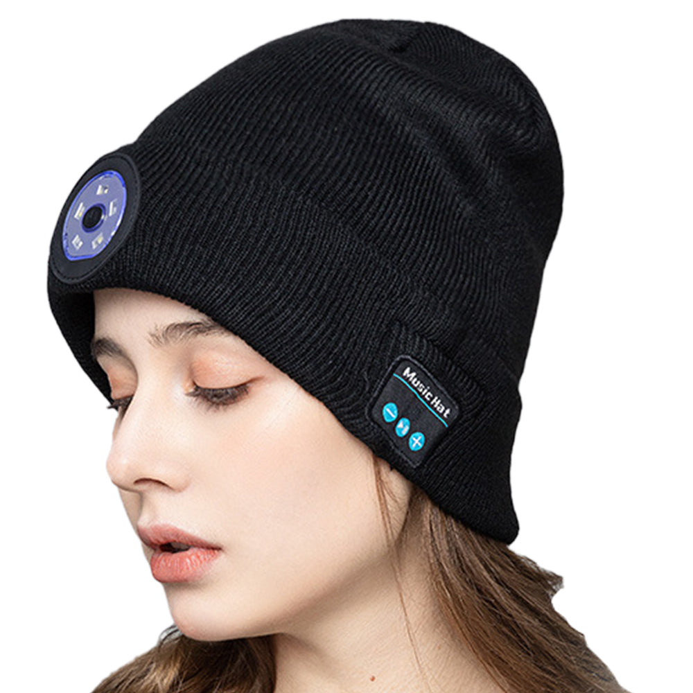 Bluetooth Beanie Hat Wireless Headphones Head Light Beanie Head Warmer Black