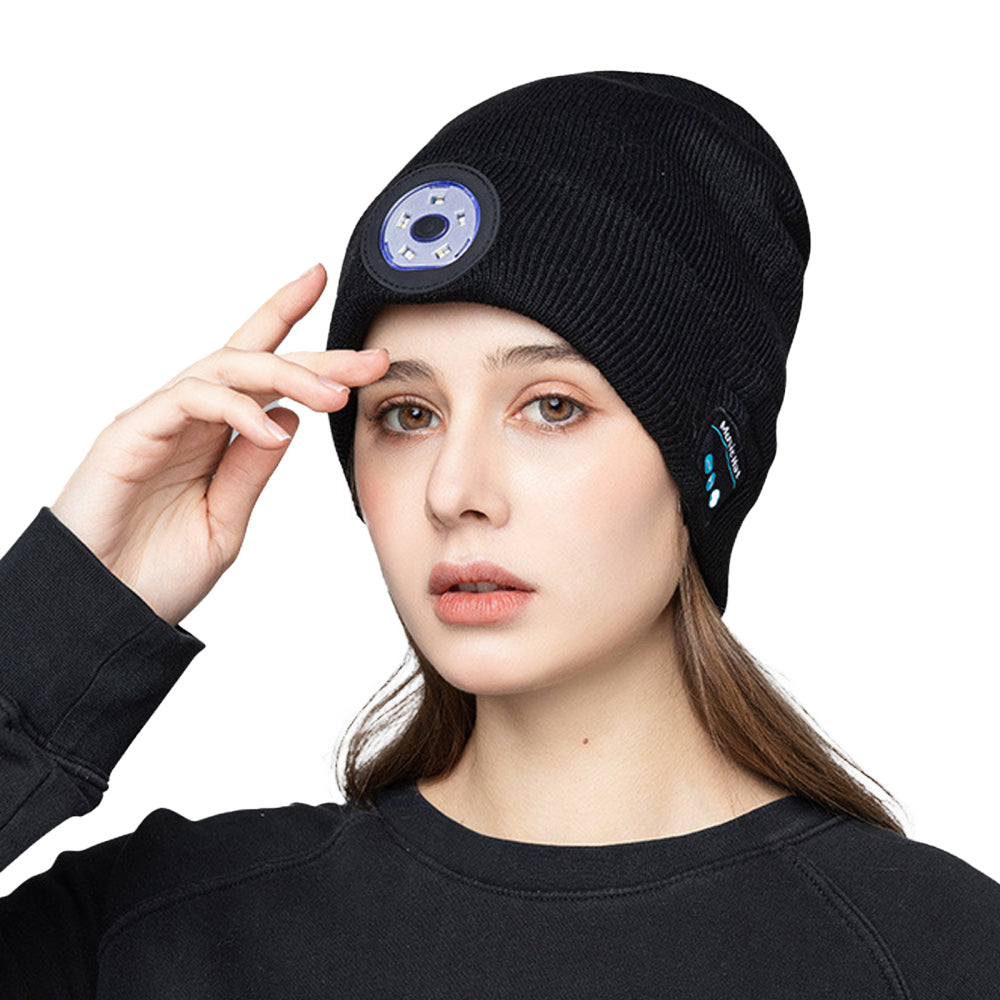 Bluetooth Beanie Hat Wireless Headphones Head Light Beanie Head Warmer Black