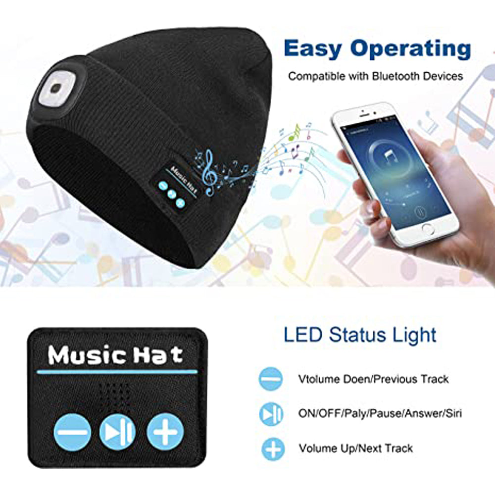 Bluetooth Beanie Hat Wireless Headphones Head Light Beanie Head Warmer Black