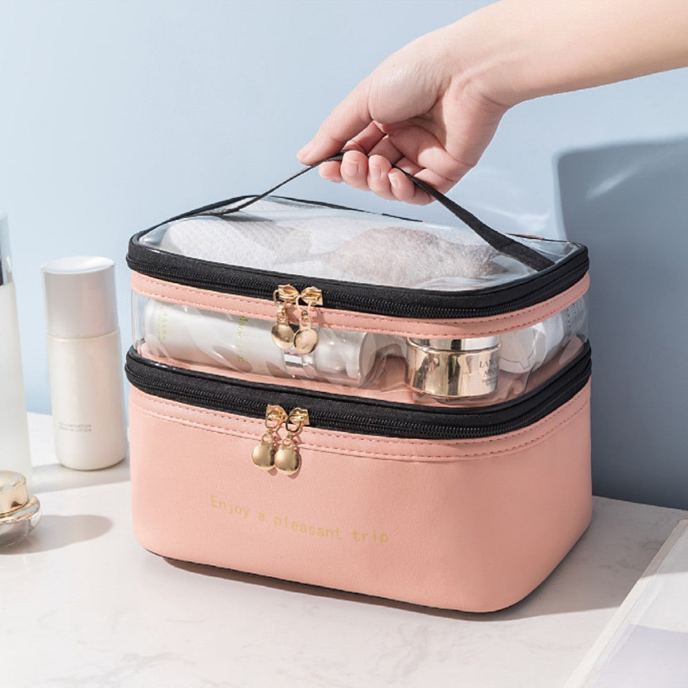 Double Layer Makeup Bag PU Leather Cosmetic Bag Toiletry Bags Travel Essentials Storage Bag Pink