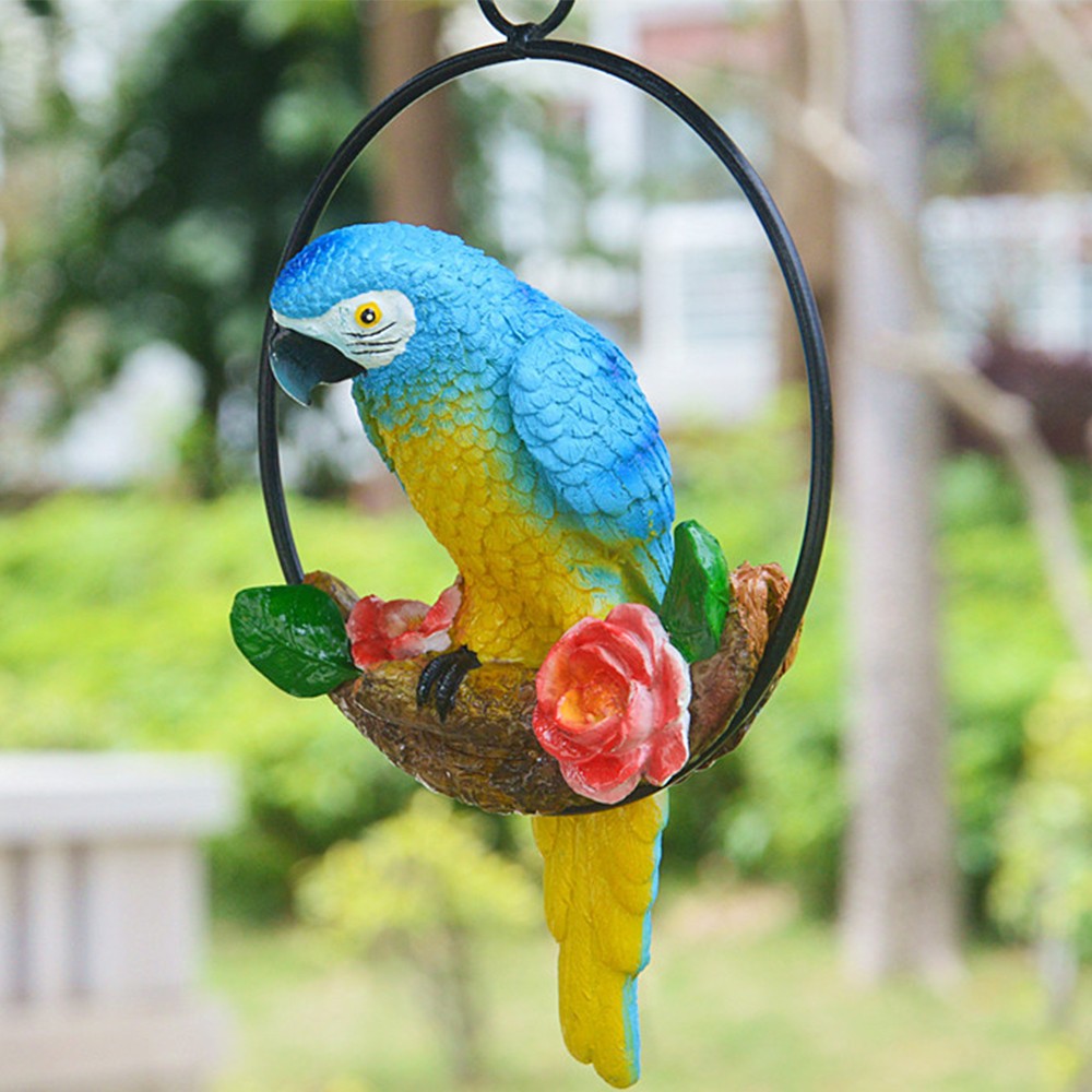 Parrot Hanging Statue Bird Resin Sculpture Home Garden Figurine Decor Blue