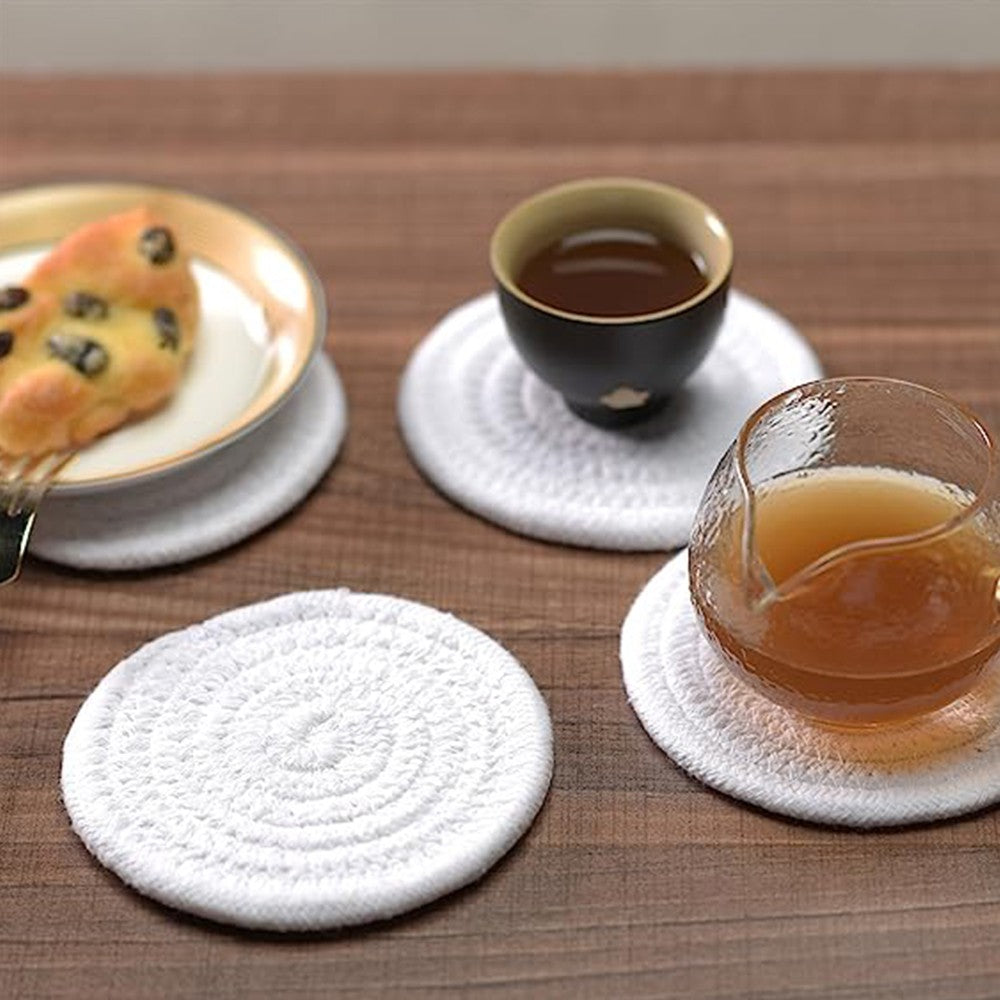 6Pcs Braided Drink Coasters Absorbent Coffee Cup Mats with Holder White
