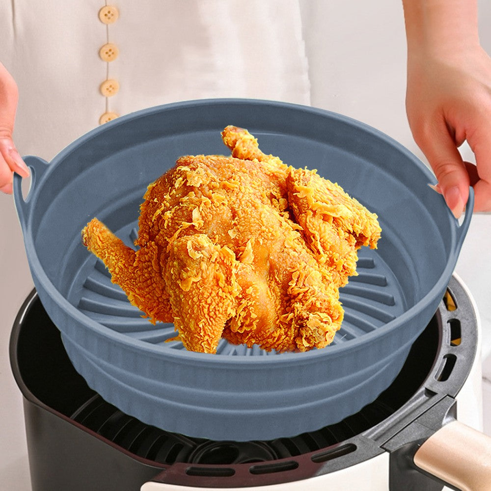 24cm Round Foldable Air Fryer Silicone Pot Baking Tray Oven Basket Mat Grey