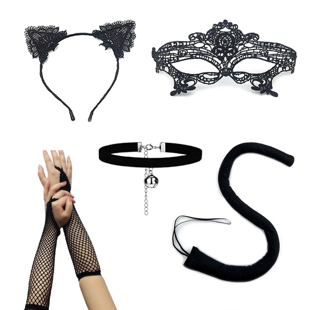 5-Piece Women Black Cat Costume Set Halloween Cosplay Accessory Kit Style 2