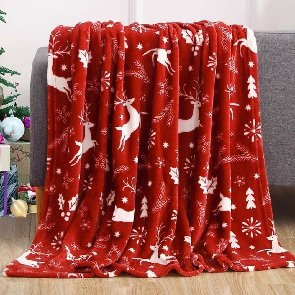 130x100cm Christmas Printed Blanket Soft Throw Blanket Flannel Sofa Blanket - Red Reindeer