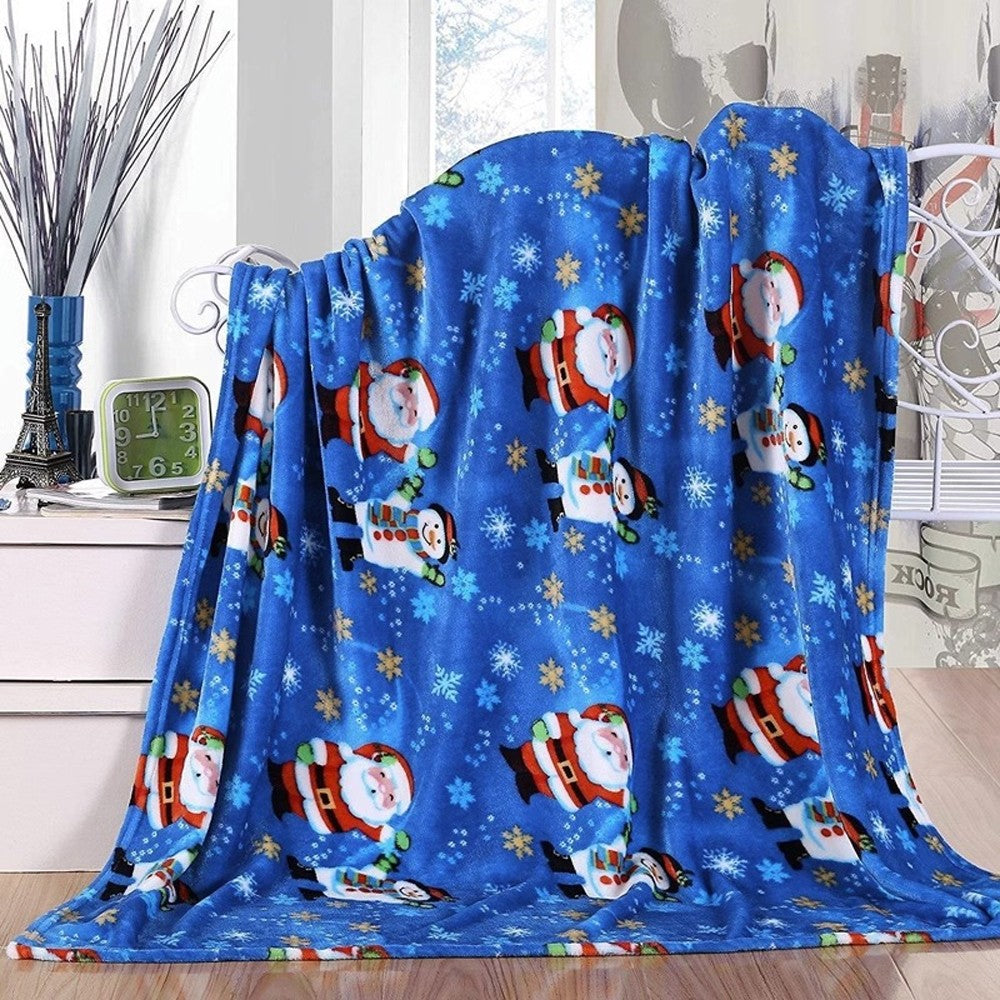 130x100cm Christmas Printed Blanket Soft Throw Blanket Flannel Sofa Blanket - Blue Santa