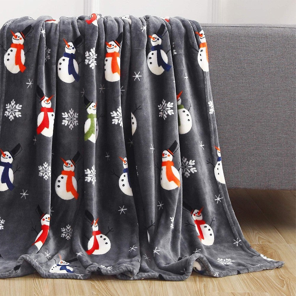 200x150cm Christmas Printed Blanket Soft Throw Blanket Flannel Sofa Blanket - Grey Snowman
