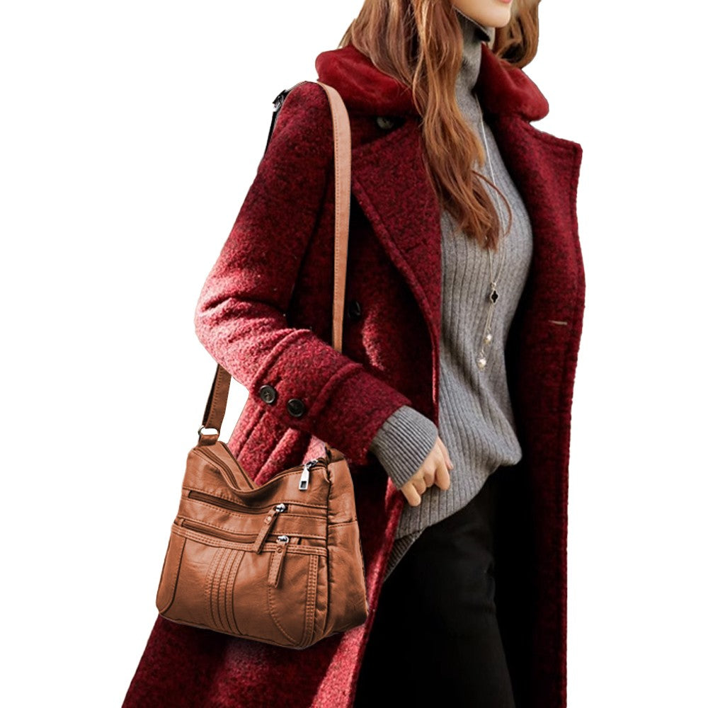 Womens Crossbody Bag Soft PU Leather Shoulder Bag Multi Pocket Handbag Satchel - Brown