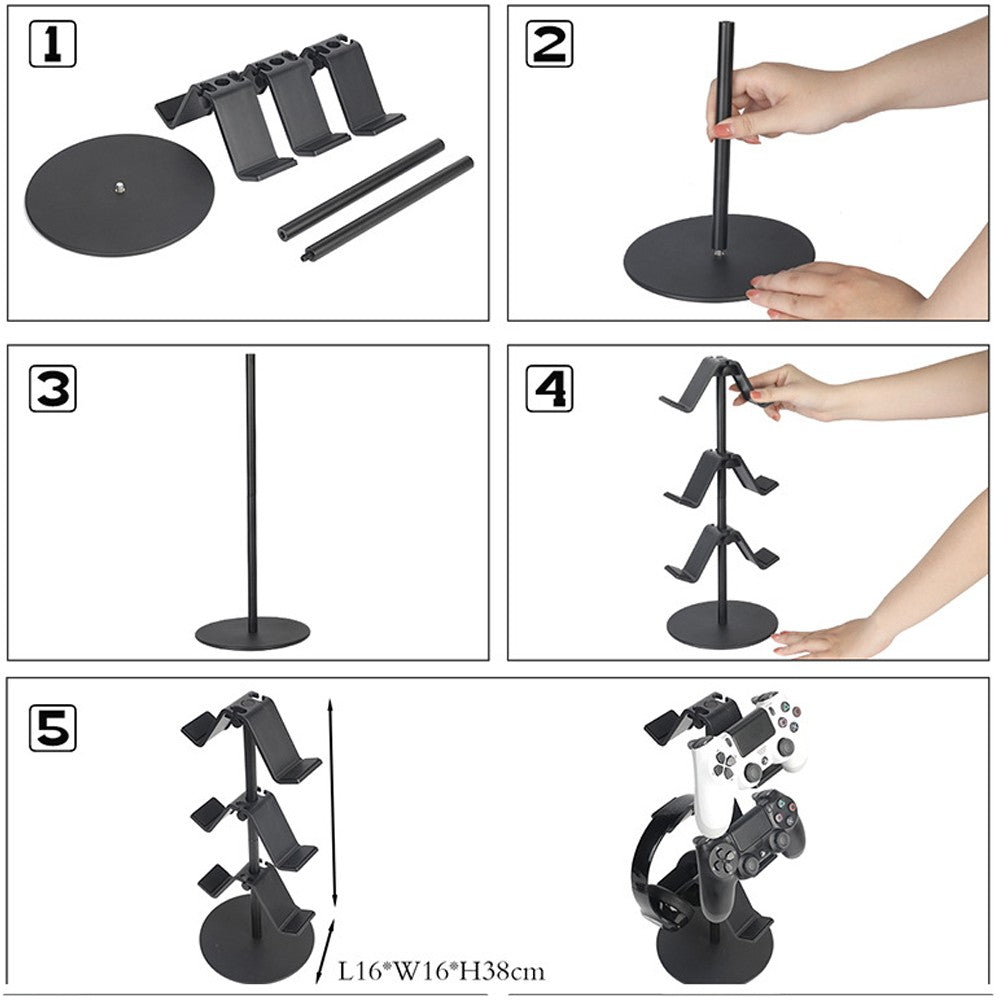 3-Tier Game Controller Stand Desktop Headphone Holder Headset Hanger - Black