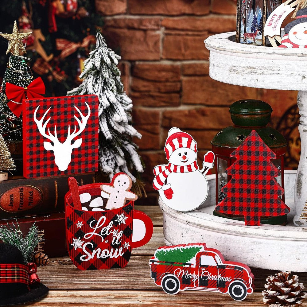 1 Set of 6-Piece Christmas Tiered Tray Decorations Xmas Wooden Signs Tabletop Decor