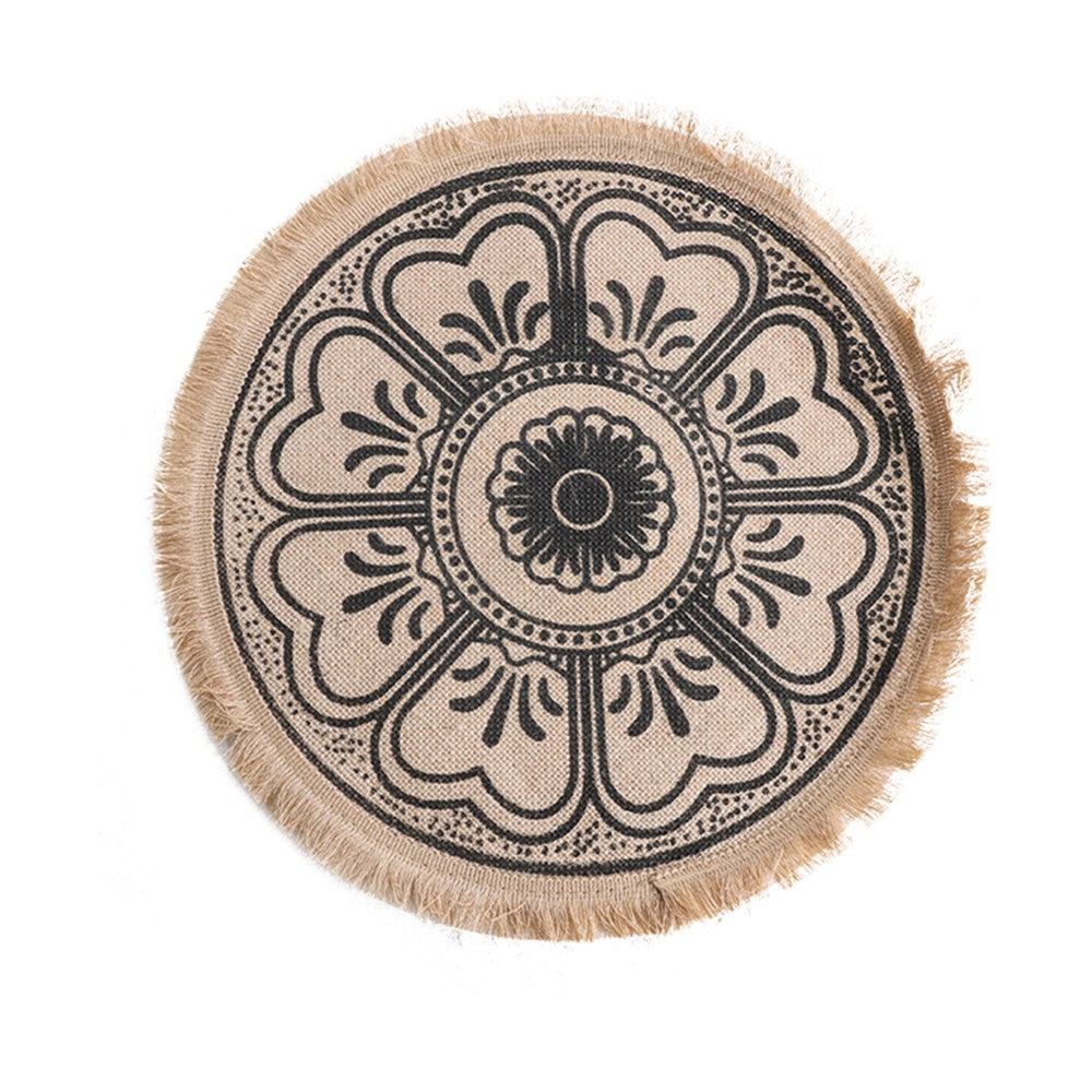 2Pcs 41cm Jute Woven Placemat Round Tableware Mat Dining Room Table Decor - Black Flower Style