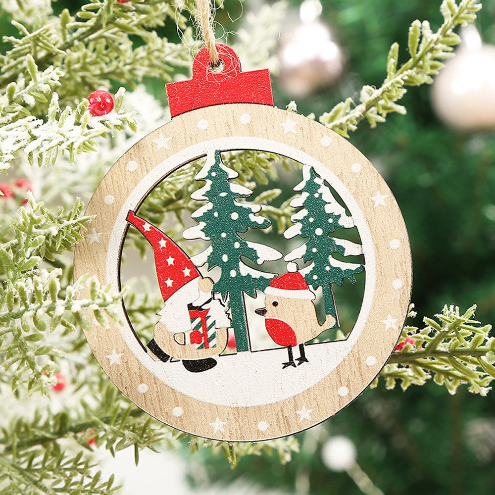 Christmas Round Wood Pendants with Various Christmas Elements Hanging Decor