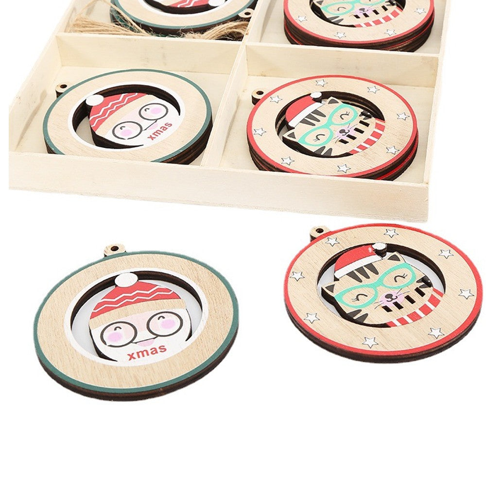 Christmas Round Wood Pendants with Various Christmas Elements Hanging Decor