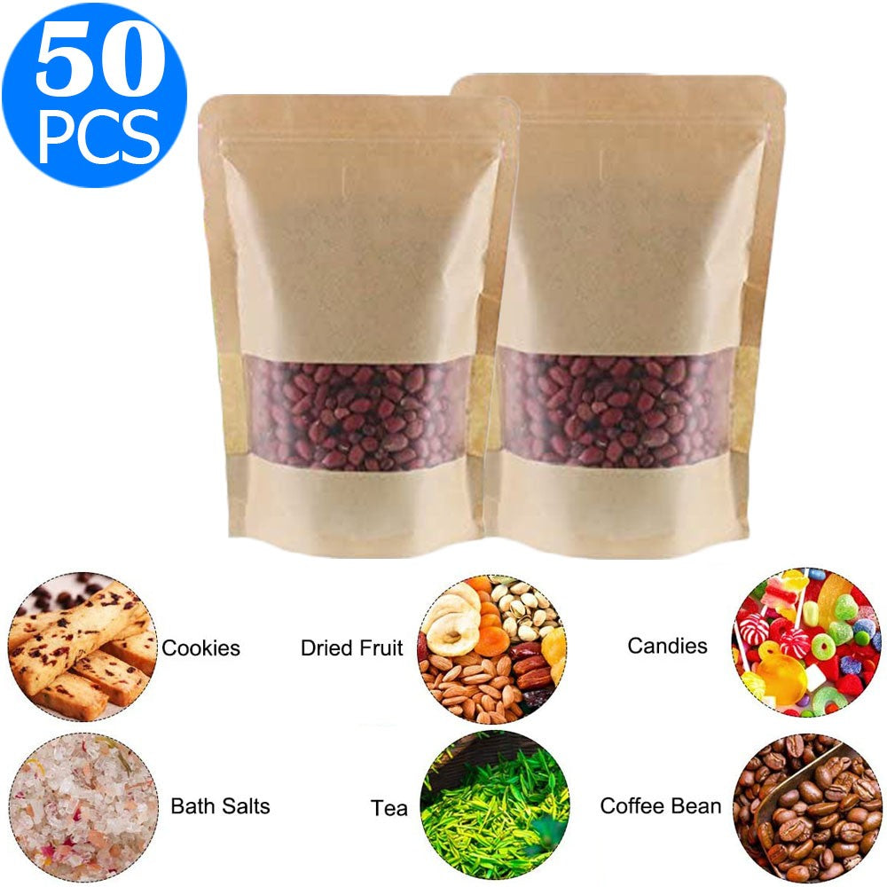 50pcs Kitchen 14x20CM Resealable Kraft Paper Zip Lock Pouches Self Sealing Zipper Food Storage Bags with Visible Window
