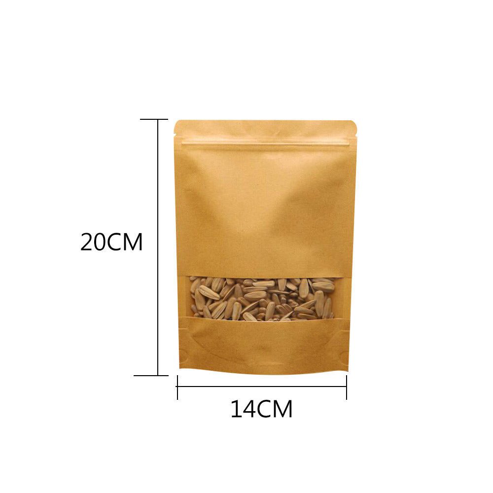 50pcs Kitchen 14x20CM Resealable Kraft Paper Zip Lock Pouches Self Sealing Zipper Food Storage Bags with Visible Window