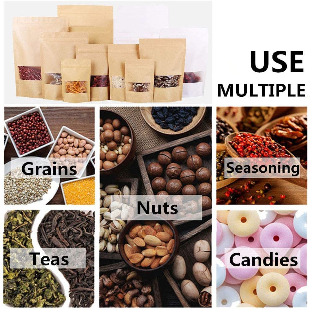 50 X Resealable Kraft Paper Zip Lock Pouches Self Sealing Zipper Food Storage Bags with Visible Window 5 Sizes