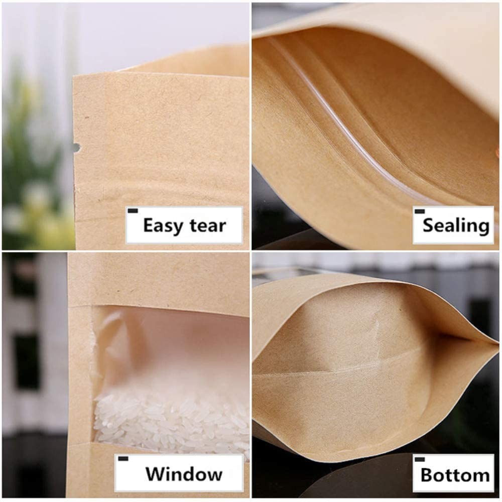 50 X Resealable Kraft Paper Zip Lock Pouches Self Sealing Zipper Food Storage Bags with Visible Window 5 Sizes