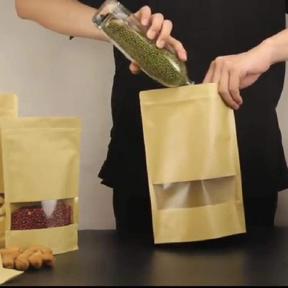 50 X Resealable Kraft Paper Zip Lock Pouches Self Sealing Zipper Food Storage Bags with Visible Window 5 Sizes