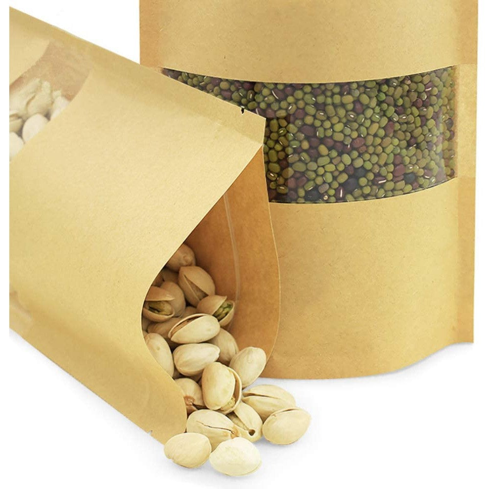 50 X Resealable Kraft Paper Zip Lock Pouches Self Sealing Zipper Food Storage Bags with Visible Window 5 Sizes