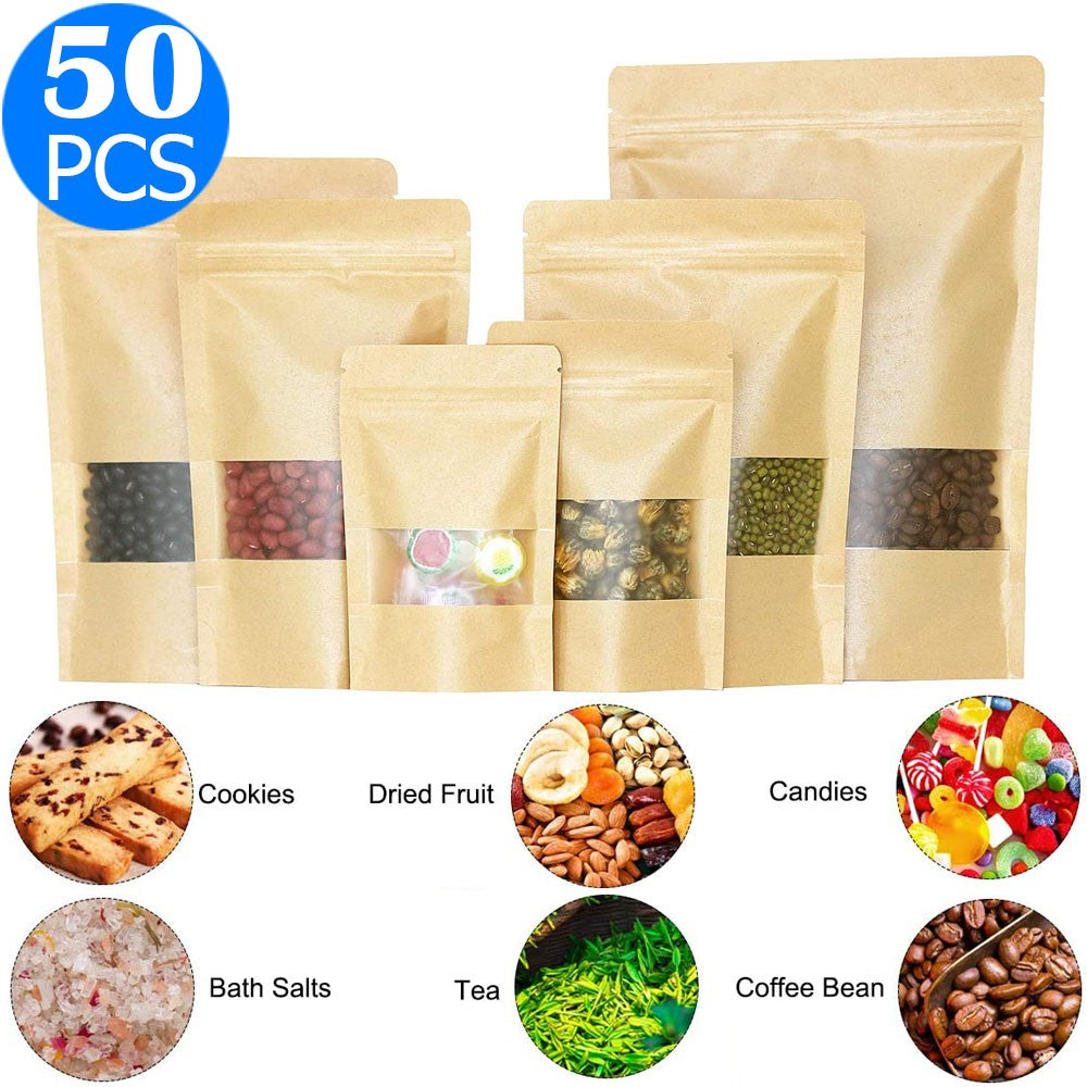 50 X Resealable Kraft Paper Zip Lock Pouches Self Sealing Zipper Food Storage Bags with Visible Window 5 Sizes