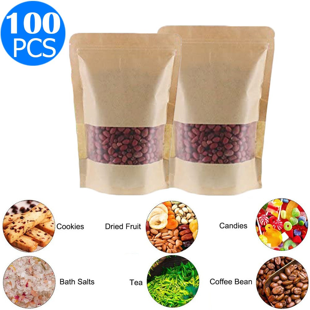 100 X Resealable Kraft Paper Zip Lock Pouches Self Sealing Zipper Food Storage Bags with Visible Window Same Sizes 15x22 and 16x26