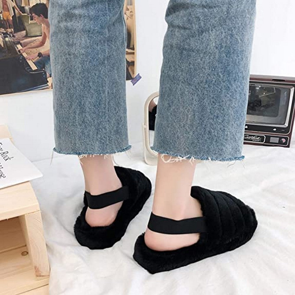 Womens Fluffy Open Toe House Slide Slipper Sandal Spa Bedroom Shoes Black