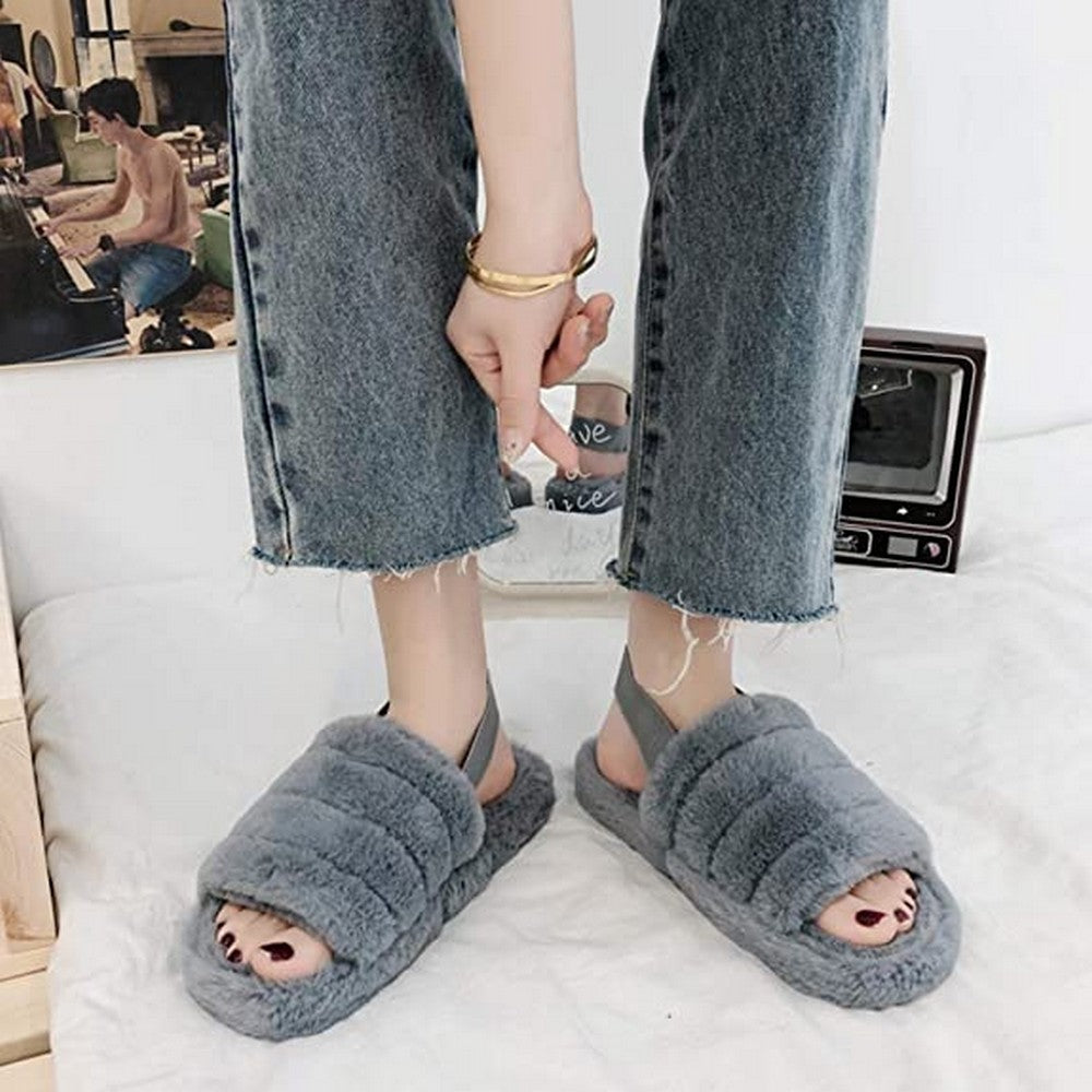 Womens Fluffy Open Toe House Slide Slipper Sandal Spa Bedroom Shoes Grey