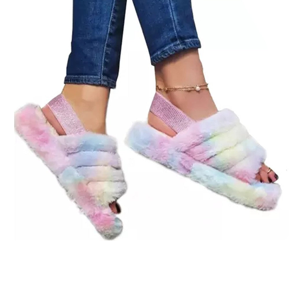 Womens Fluffy Open Toe House Slide Slipper Sandal Spa Bedroom Shoes Multicolor