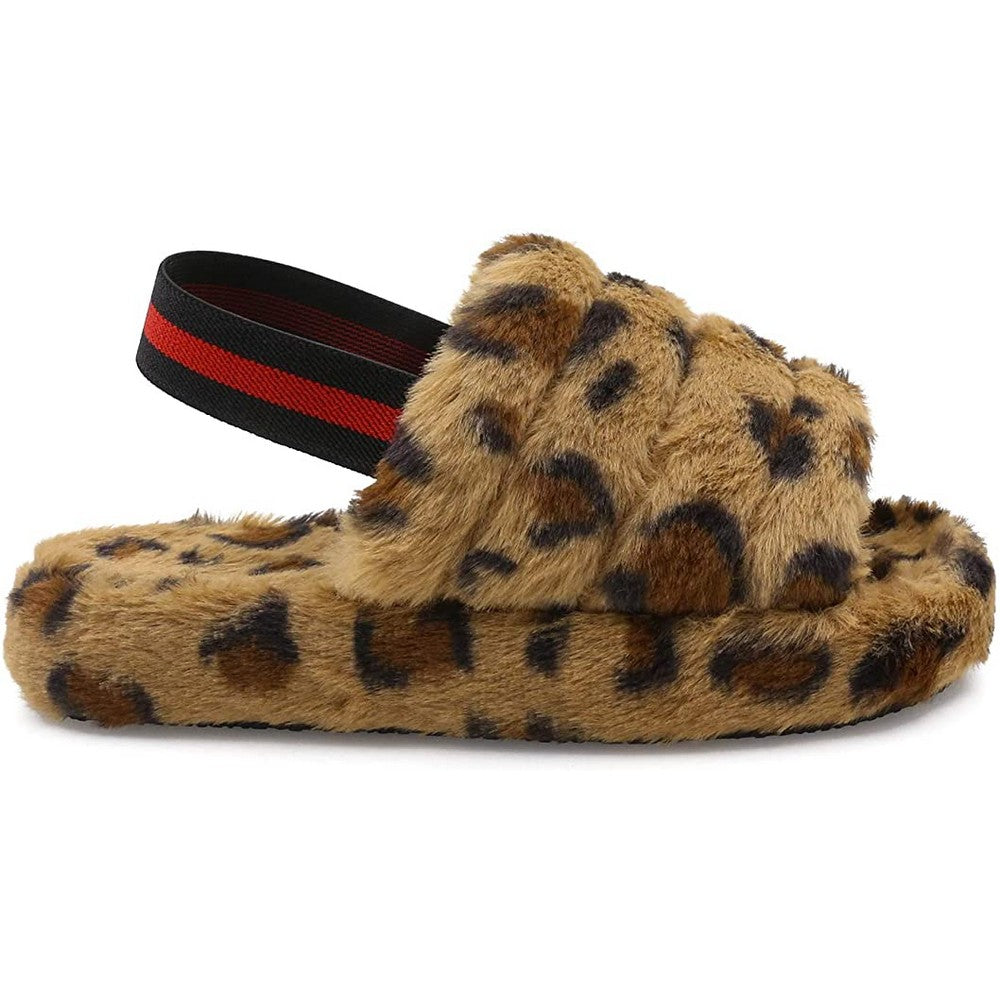 Womens Leopard Printed Fluffy Open Toe House Slide Slipper Sandal Spa Bedroom Shoes