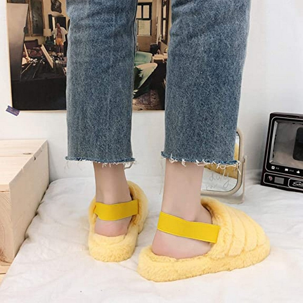 Womens Fluffy Open Toe House Slide Slipper Sandal Spa Bedroom Shoes Yellow